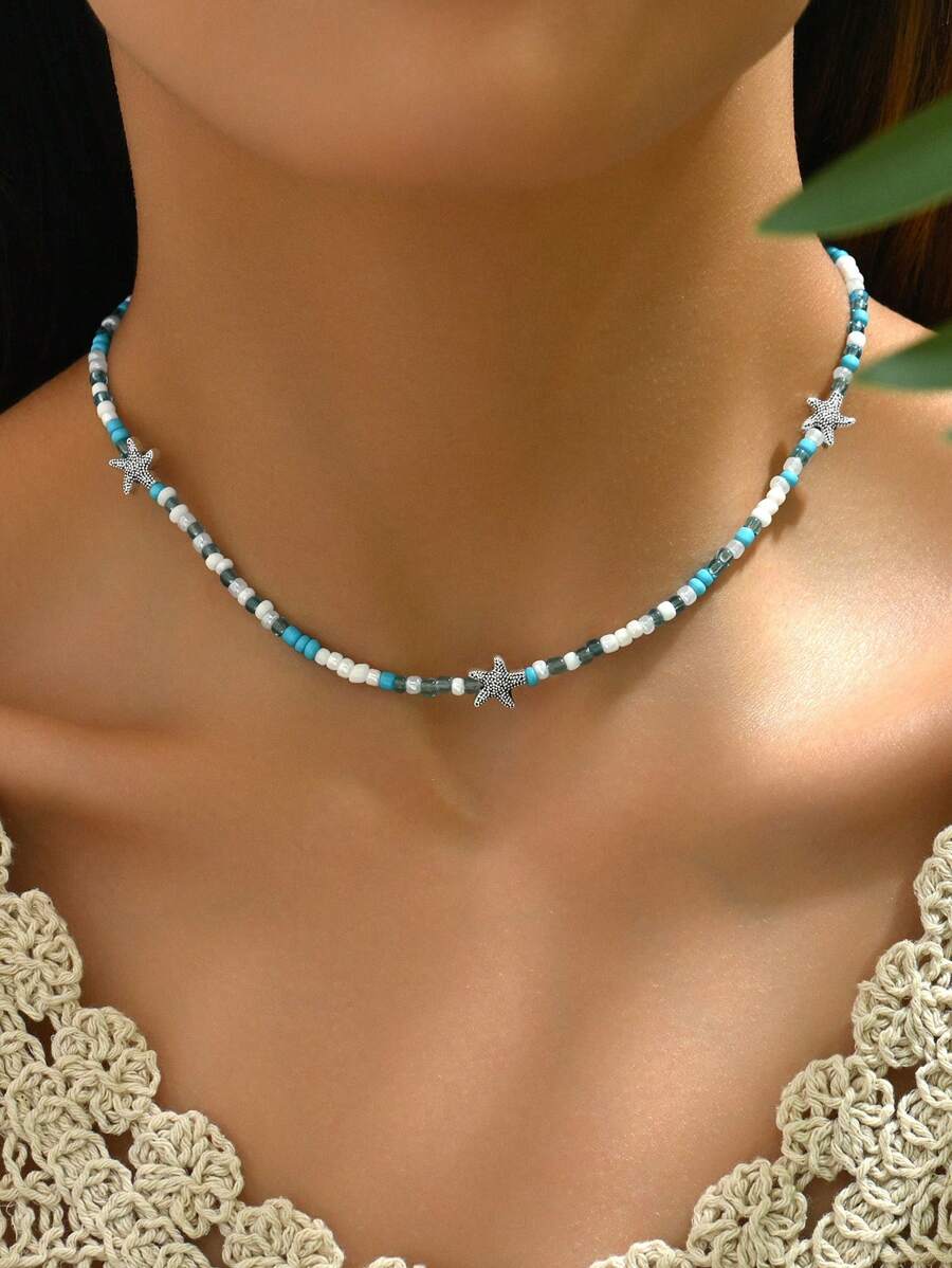 Tipo di stile:Perle di riso blu + stella marina argentata