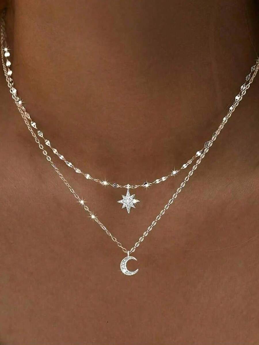 Tipo di stile:Collana in argento a doppio strato con stella e luna