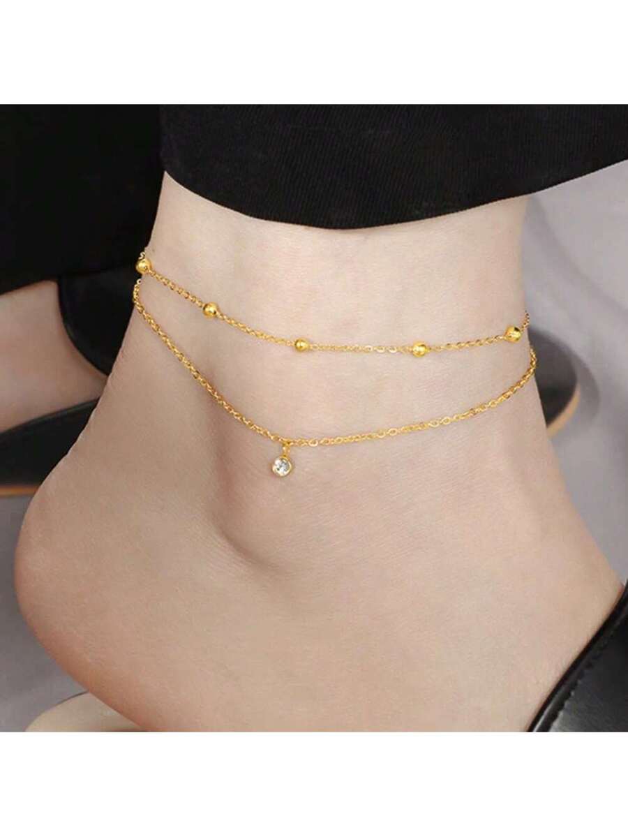 Colore:【B5013】Cavigliera con perline dorate e diamanti, oro