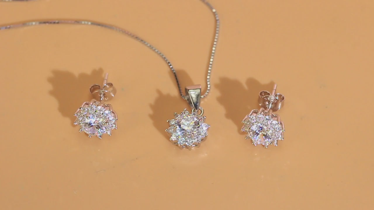 1 set di gioielli eleganti per donna, composto da collana con ciondolo a forma di fiore e orecchini, in argento sterling 925 con zirconi cubici grado 5a, adatti per fidanzamento, matrimonio e feste di san valentino