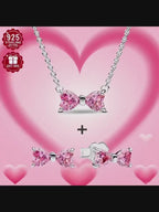 3 pezzi: collana rosa a forma di cuore, orecchini a fiocco, orecchini in argento sterling con zirconi brillanti