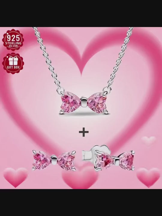 3 pezzi: collana rosa a forma di cuore, orecchini a fiocco, orecchini in argento sterling con zirconi brillanti