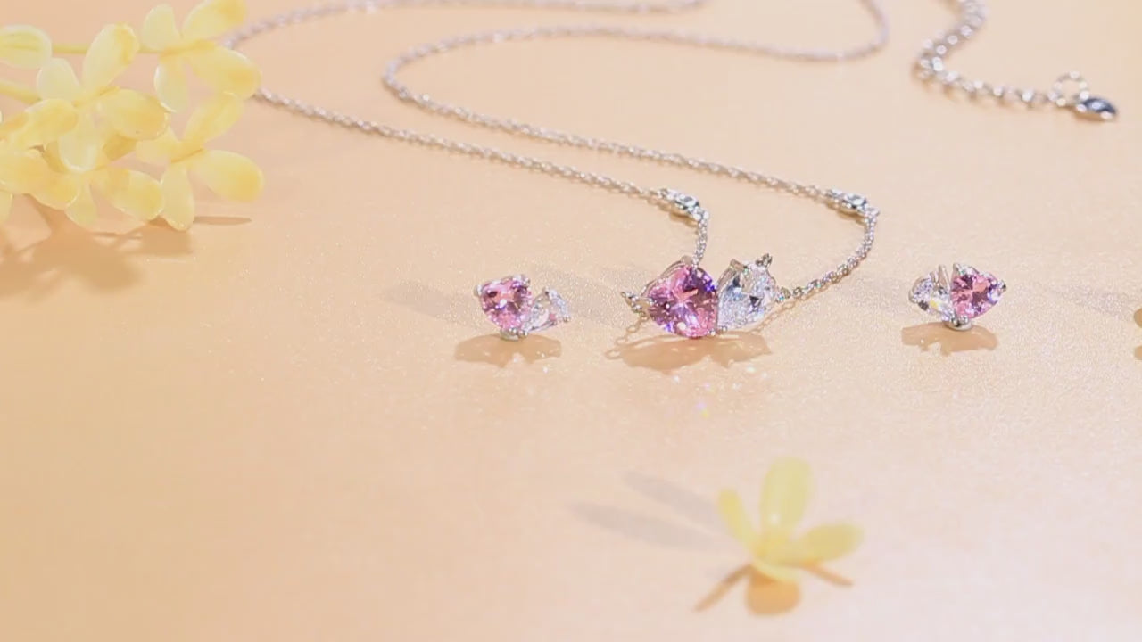 1 set 925 argento sterling gioiello con ciondolo a forma di cuore con cubic zirconia rosa scintillante, collana e orecchini, set di gioielli di qualita per donna, regalo romantico per anniversario/san valentino