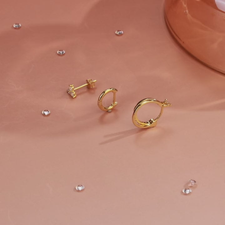 Elerunis 3 pezzi set di orecchini a cerchio in argento sterling 925 con zirconia cubica, placcati in oro 18k, adatti per cartilagine, ear cuff, piccoli orecchini a perno, gioielleria fine da donna per uso quotidiano, matrimonio, san valentino (solo 3