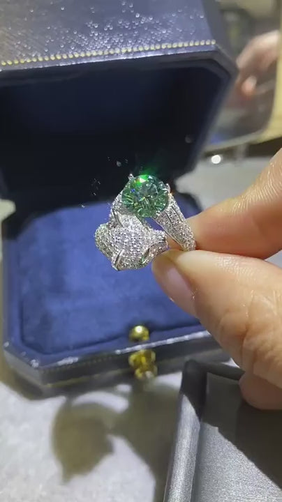 Lovessom anello in argento sterling 925 con moissanite da 2 carati e diamante verde, anello di diamanti in argento, anello con testa di leopardo intarsiato con diamanti colorati, apertura avanzata, taglia regolabile, resistente all'usura e alla moda,