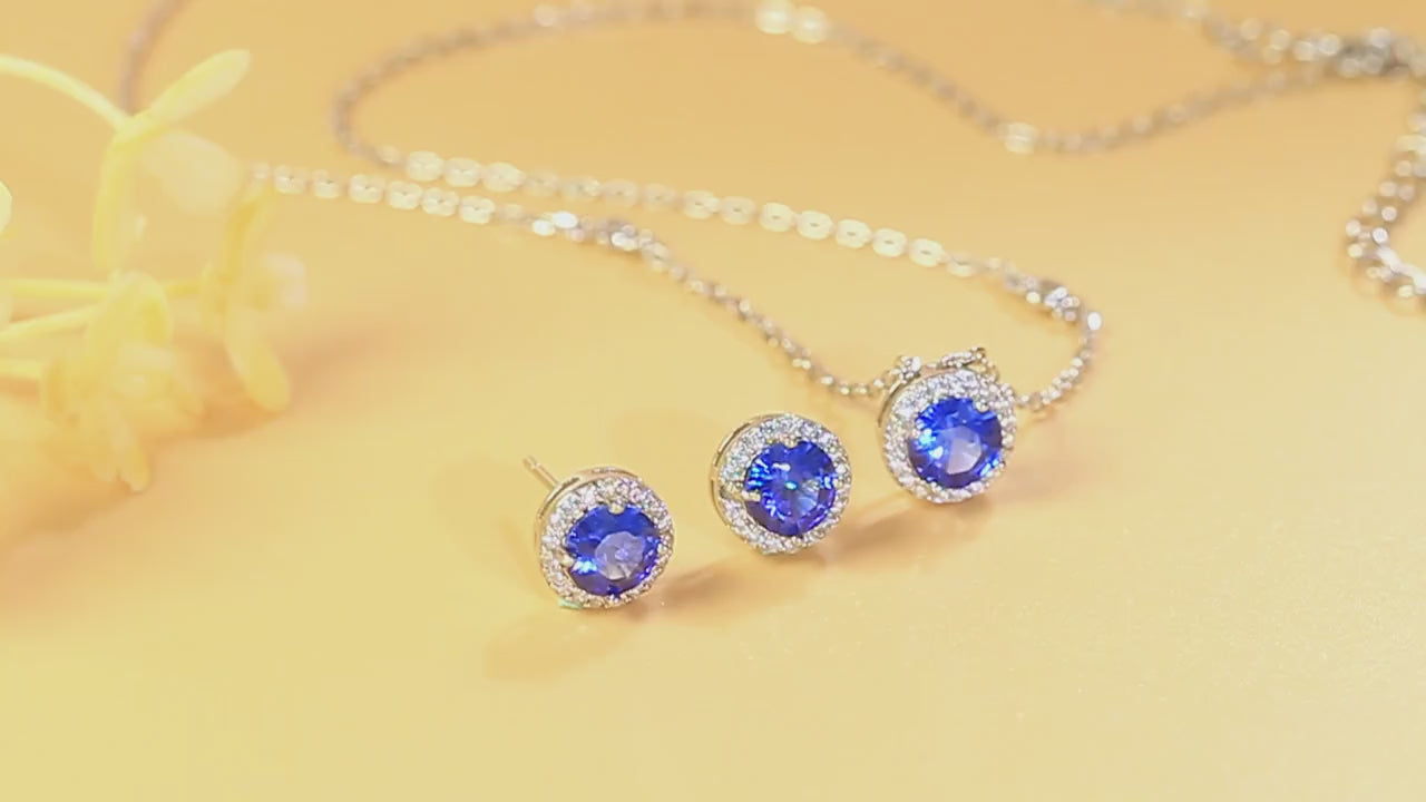 1 set di gioielli da matrimonio e fidanzamento in argento sterling 925 puro con tanzanite blu lucida e zirconia cubica incastonata, comprendente orecchini a bottone e collana con pendente, per donne