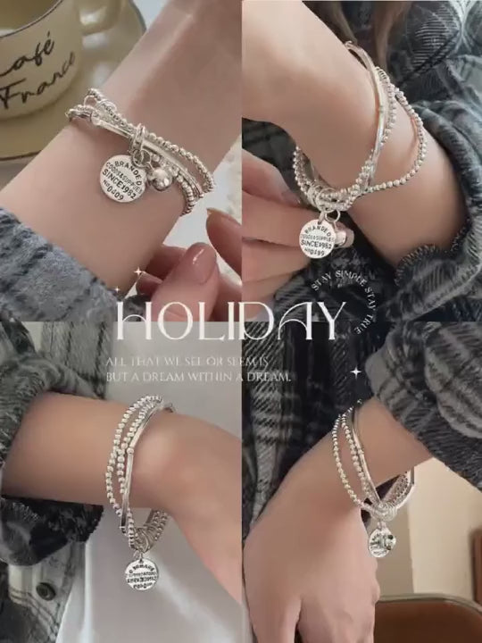Braccialetto di marca a piu strati in argento sterling con perline tonde, design in corda elastica fatta a mano, braccialetto a tre strati con perline d'argento per donne