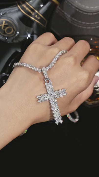 1 pezzo collana con ciondolo a croce moissanite e catena tennis, stile hip hop, placcato in argento 925 e oro 18k, interamente pavimentato e brillante, ipoallergenico, adatto per uso quotidiano e occasioni di festa, con certificato gra incluso